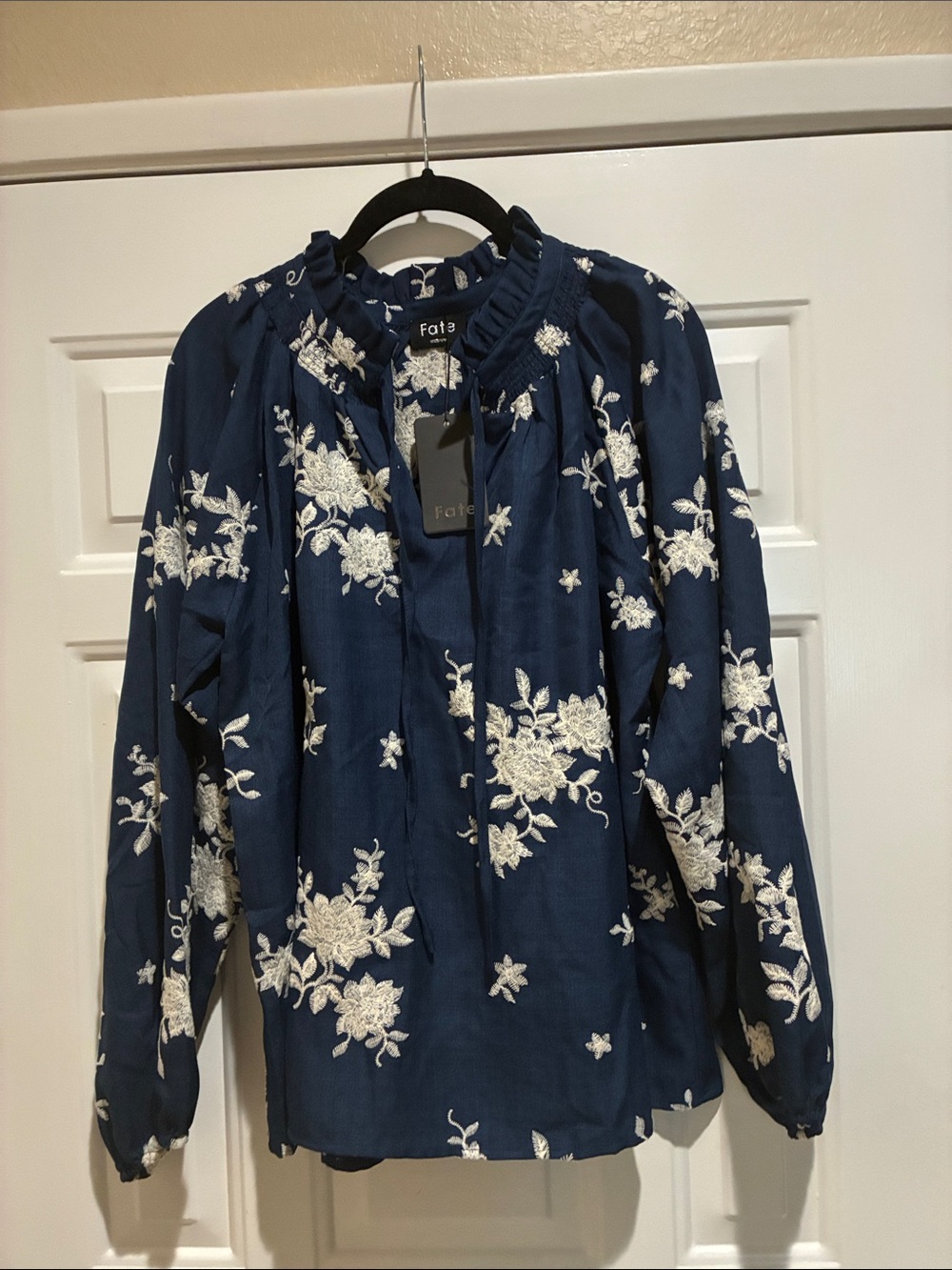 Fate Navy Blue Floral Embroidered Peasant Top